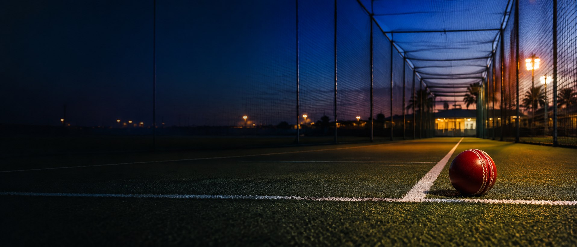 An empty cricket net at dusk with a red cricket ball beside the crease